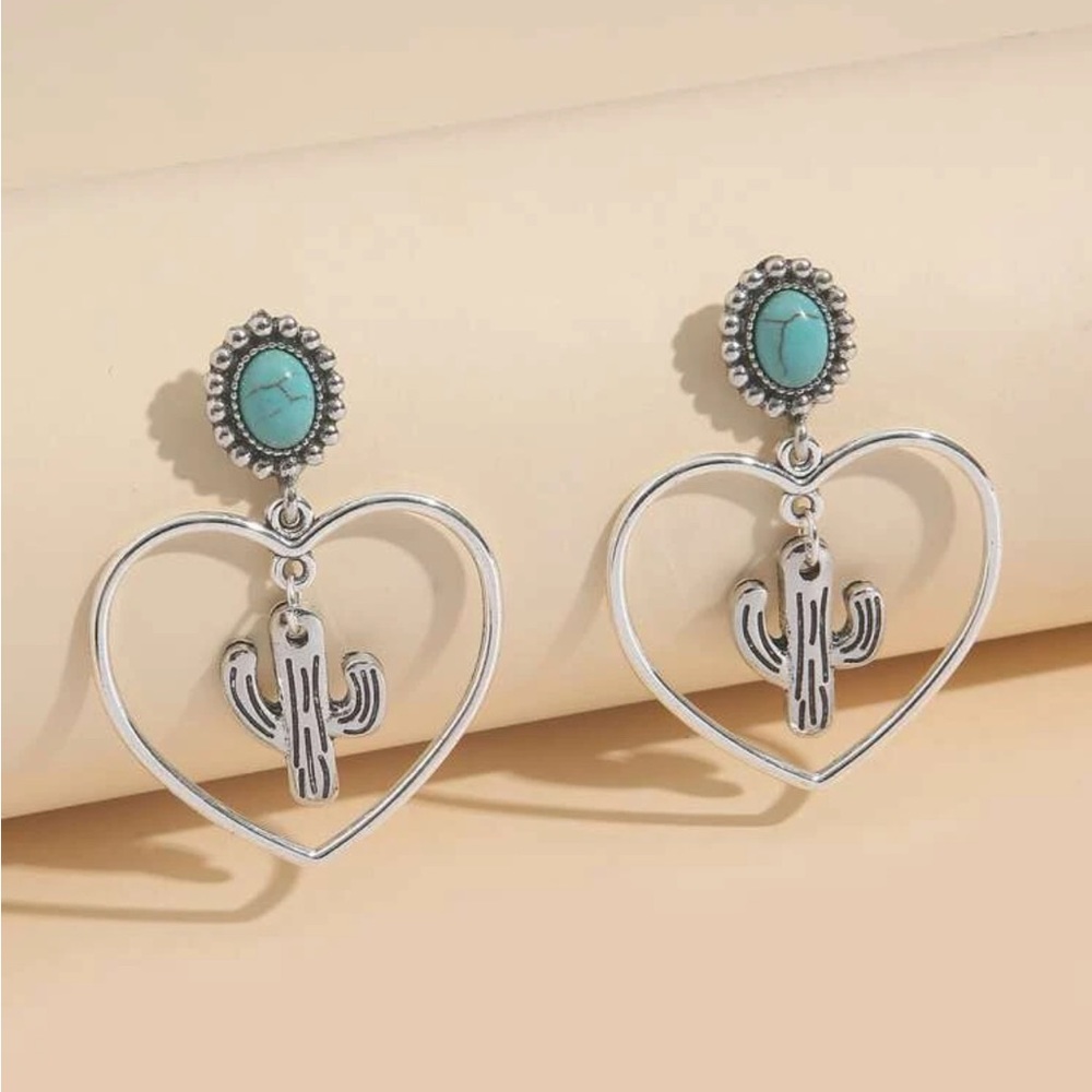 Western Boho Cactus Heart Turquoise Earring